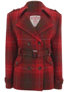 Red plaid double-breasted and belted jacket